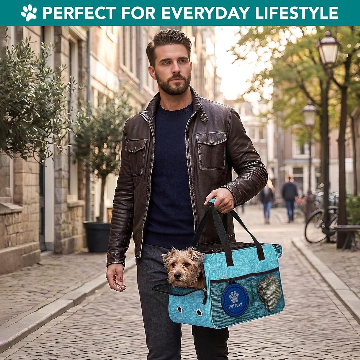 Dog Purse Carrier for Small Dogs, Airline Approved Soft Sided Pet Carrier with Pockets, Ventilated Dog Carrying Bag for Puppy Cat, Dog Travel Supplies Bag, Sherpa Bed, Max 12 Lbs, Teal Blue