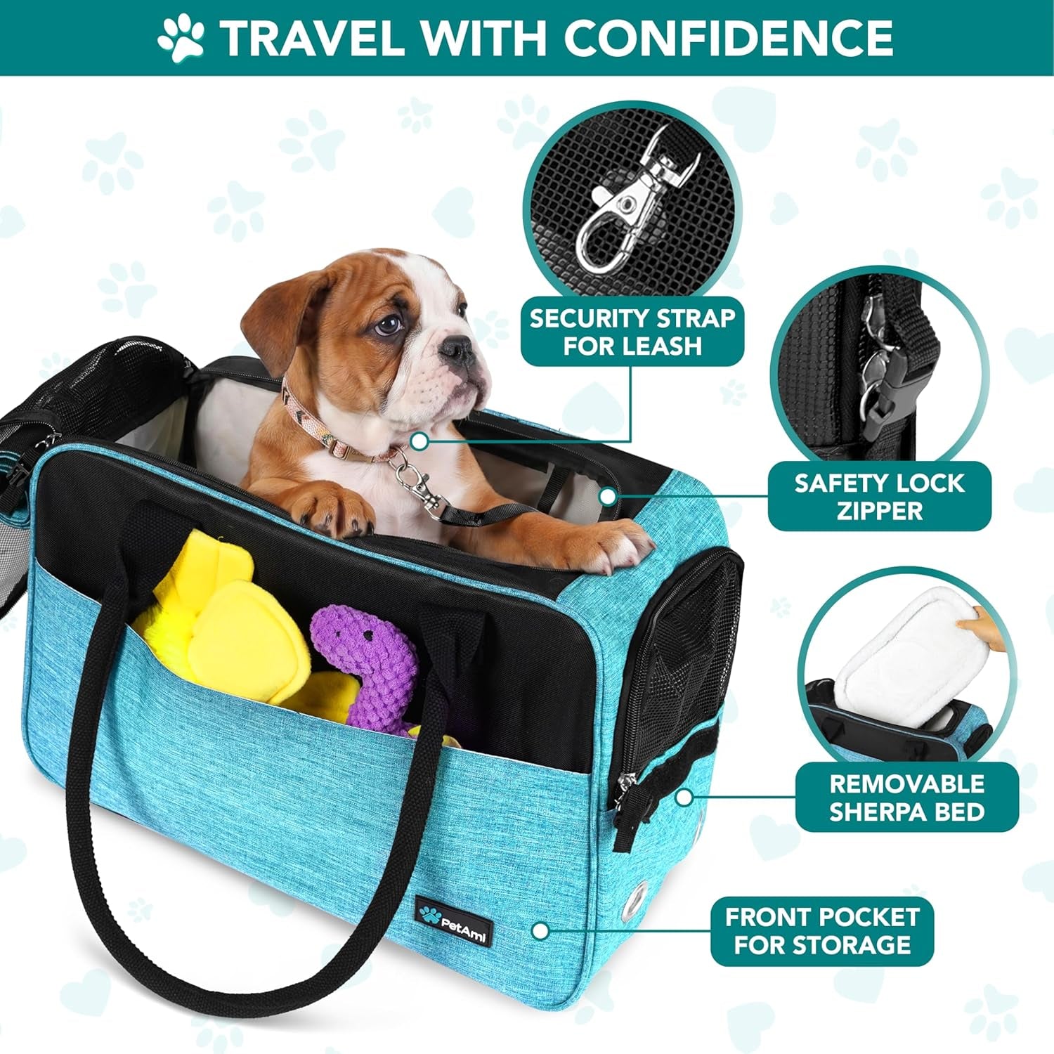 Dog Purse Carrier for Small Dogs, Airline Approved Soft Sided Pet Carrier with Pockets, Ventilated Dog Carrying Bag for Puppy Cat, Dog Travel Supplies Bag, Sherpa Bed, Max 12 Lbs, Teal Blue