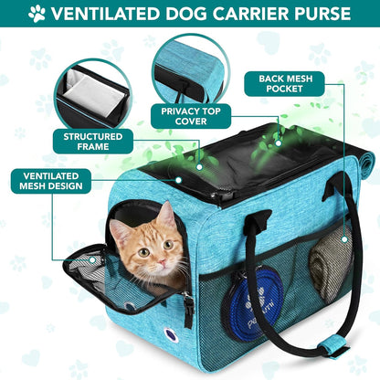 Dog Purse Carrier for Small Dogs, Airline Approved Soft Sided Pet Carrier with Pockets, Ventilated Dog Carrying Bag for Puppy Cat, Dog Travel Supplies Bag, Sherpa Bed, Max 12 Lbs, Teal Blue