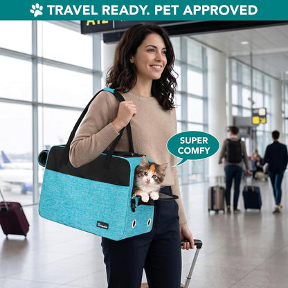 Dog Purse Carrier for Small Dogs, Airline Approved Soft Sided Pet Carrier with Pockets, Ventilated Dog Carrying Bag for Puppy Cat, Dog Travel Supplies Bag, Sherpa Bed, Max 12 Lbs, Teal Blue
